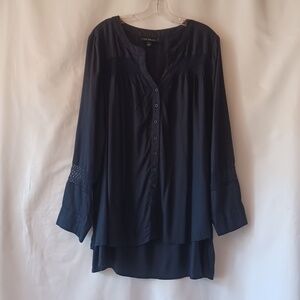 Lane Bryant No Peek Navy Blue Button Front Blouse Lace Insets Size 22/24 NWOT